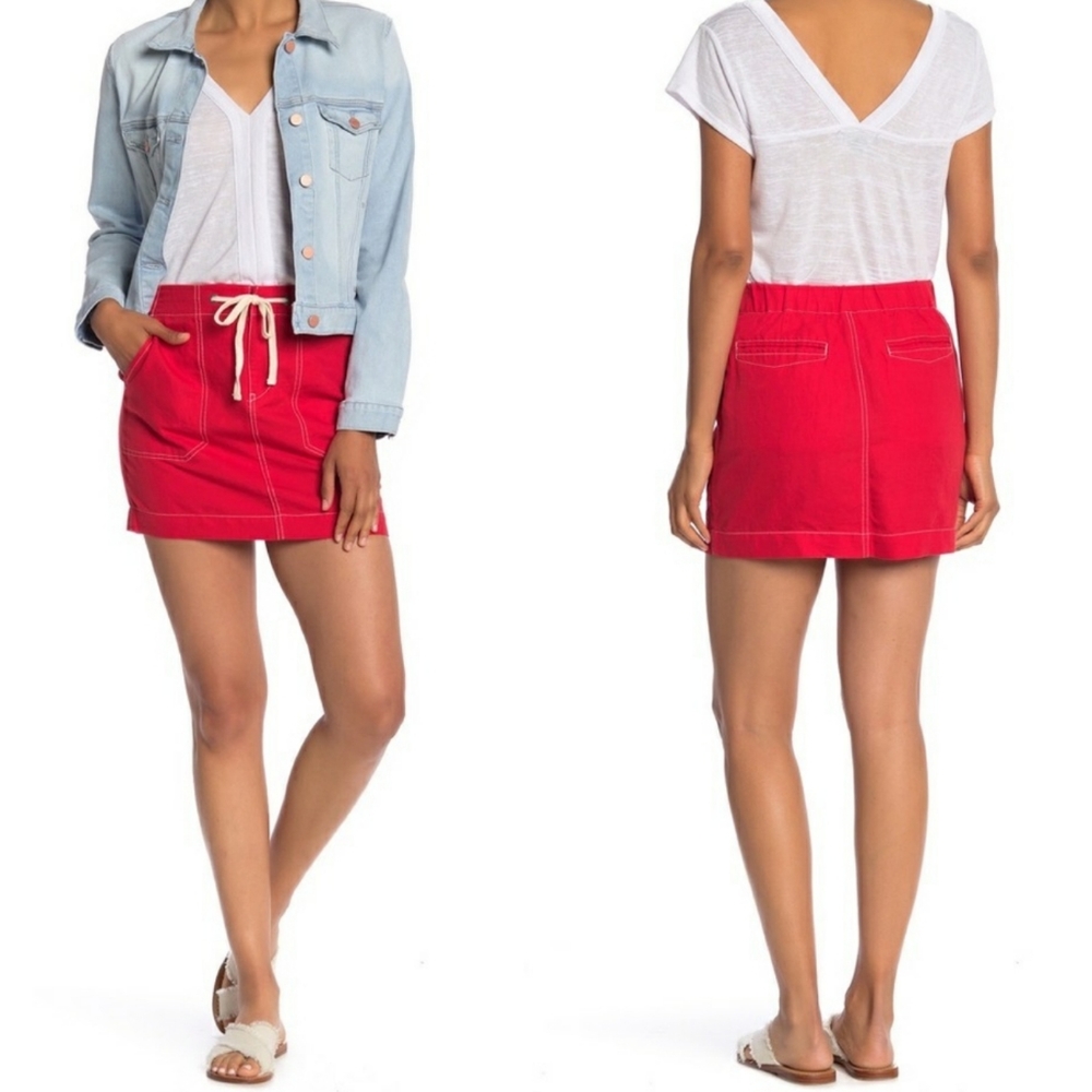 Sanctuary Red Linen Cotton Mini Skirt Drawstring Utility Pockets Size Medium